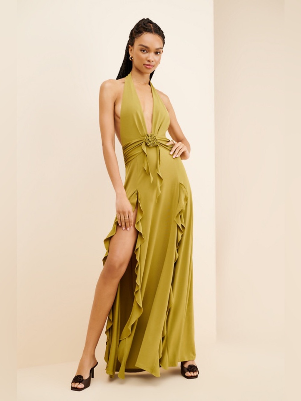 WeWoreWhat Halter Ruffle Maxi Dress Olive Green with Slits & Front Rosette - Picture 3 of 13
